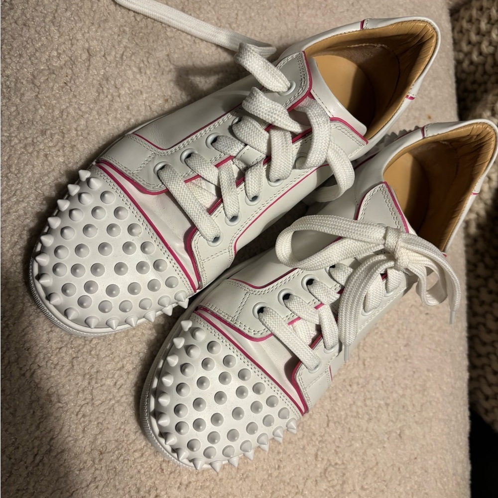 Authentic Christian Louboutin White and Pink Studded Sneakers 37.5 - Picture 2 of 12